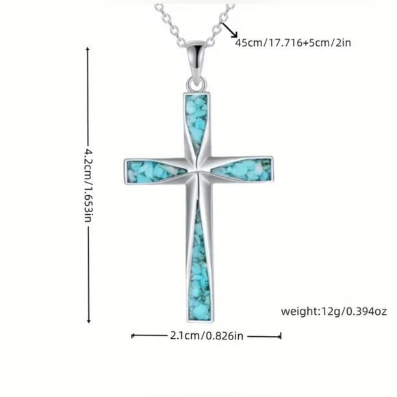 SILVER CROSS ✝️ WITH TURQUOISE INLAY. GORGEOUS ✨️ 18" CHAIN. - Picture 2 of 5